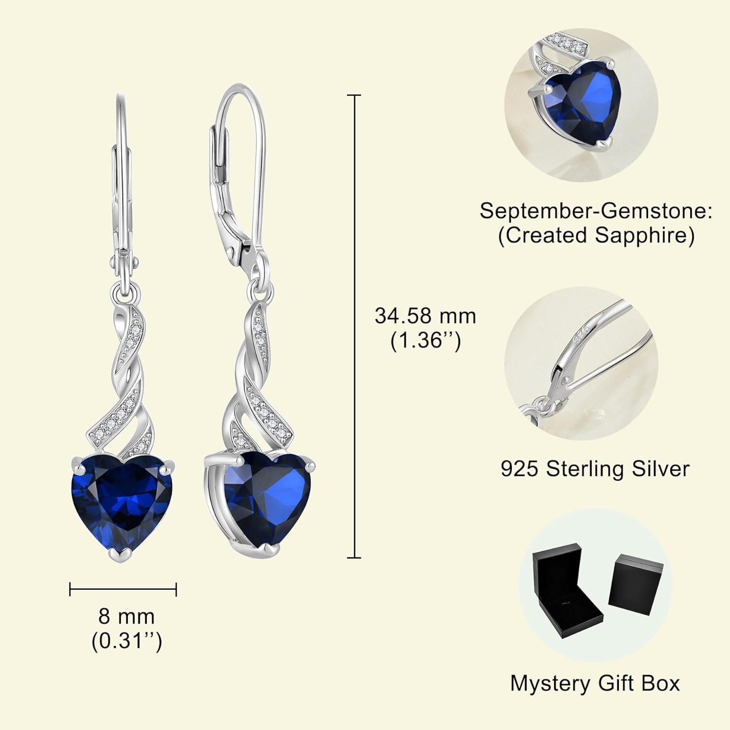 Women Heart Earrings 925 Sterling Silver Birthstone Swirl Twist Dangle Drop Earrings Cubic Zirconia for Her Birthday - Image 2