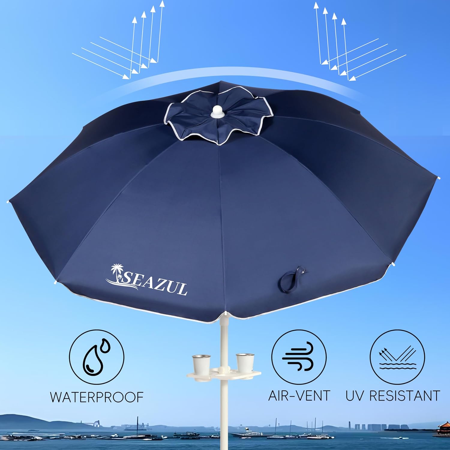 Seazul 6.5ft Sun Shade Umbrella, Portable Umbrella with Stand for Sports, Water Weight Bag, Adjustable and Lightweight, Sun Protection, Navy Blue
