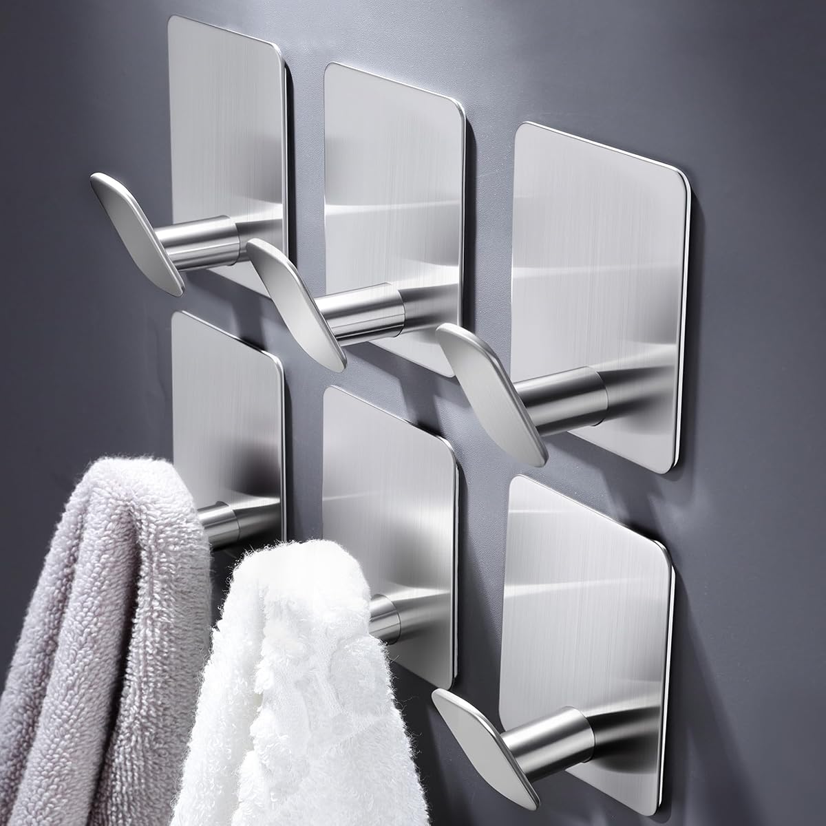 Sticky Hooks for Hanging Adhesive, Silver Wall Hooks for Bathroom Kitchen Office Stainless Steel Heavy Duty No Damage, Brushed Nickel, 6 Pack