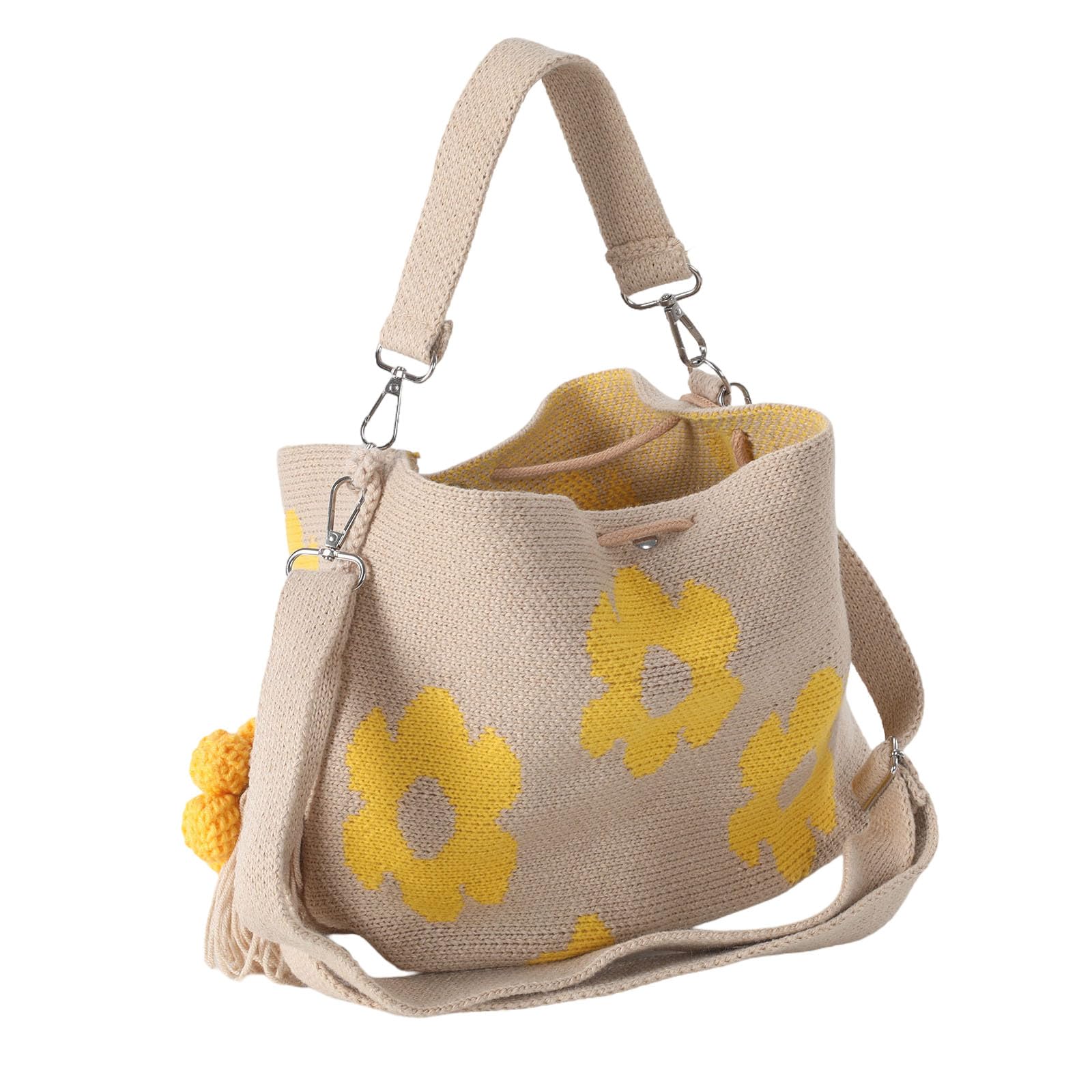 HTU Bolsos de Playa Tejidos Florales Boho para Mujer con Colgante de Borla Bolso de Hombro con patrón Floral Lindo Bolso de Flores de Ganchillo Transpirable Bolsos de Viaje de Playa para Compras