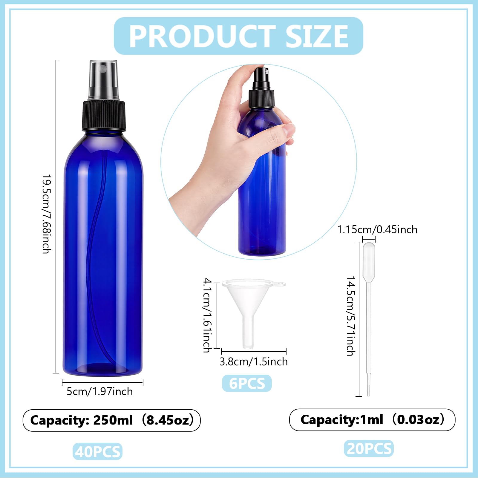 36 flacon Pulvérisateur de 250 ml Flacons Pulvérisateurs en Plastique avec Bouchons Vaporisateur à Brume Rechargeable Flacons Nettoyants à Brume Fine pour Cheveux Huiles Essentielles (Bleu)