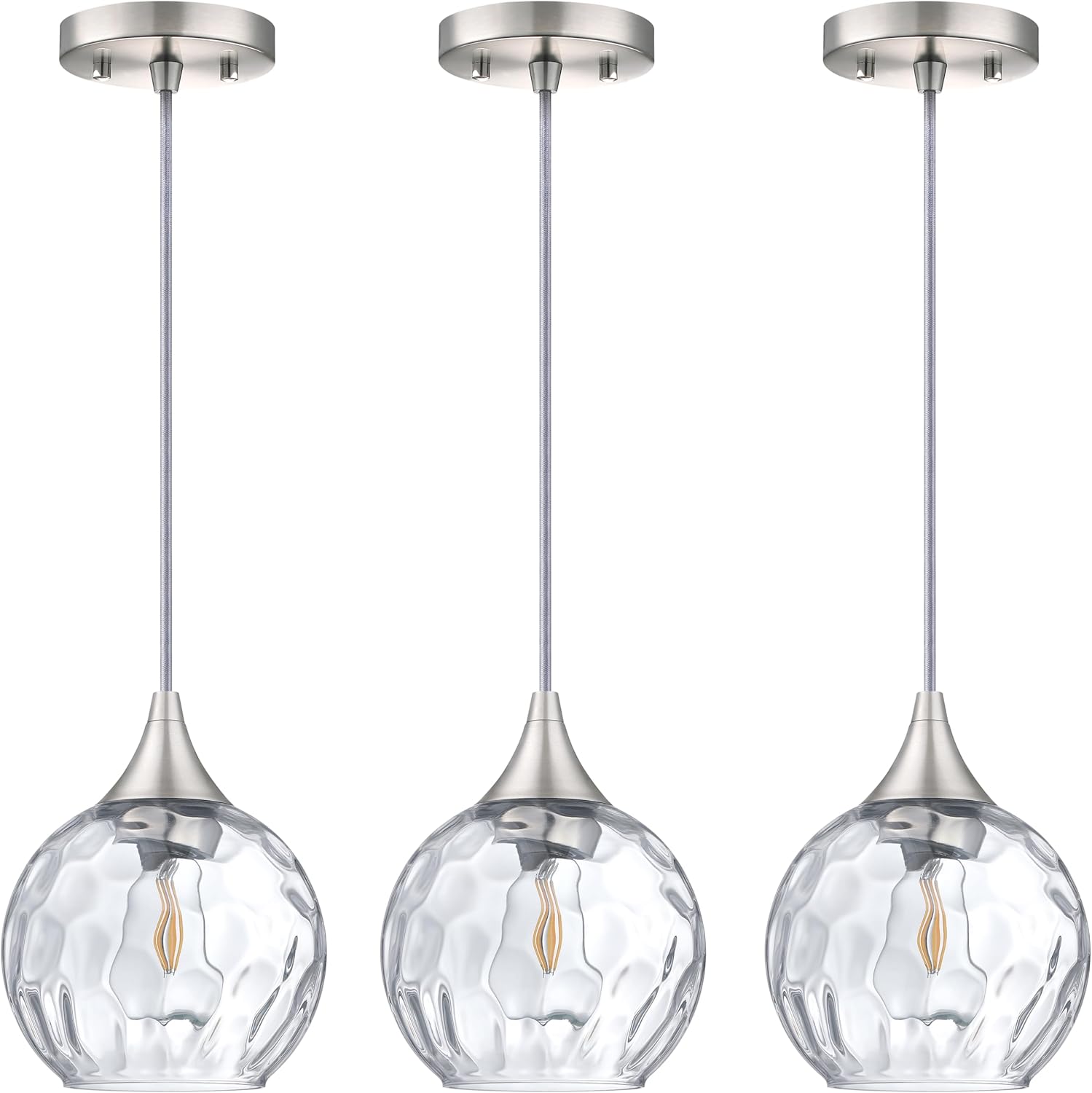 Doraimi Lighting 6.25" Texture Glass Pendant Light 3 Pack Pendant Ceiling Light Fixtures Brushed Nickel Finish Modern Farmhouse Dinning Over Sink Adjustable Height Cord