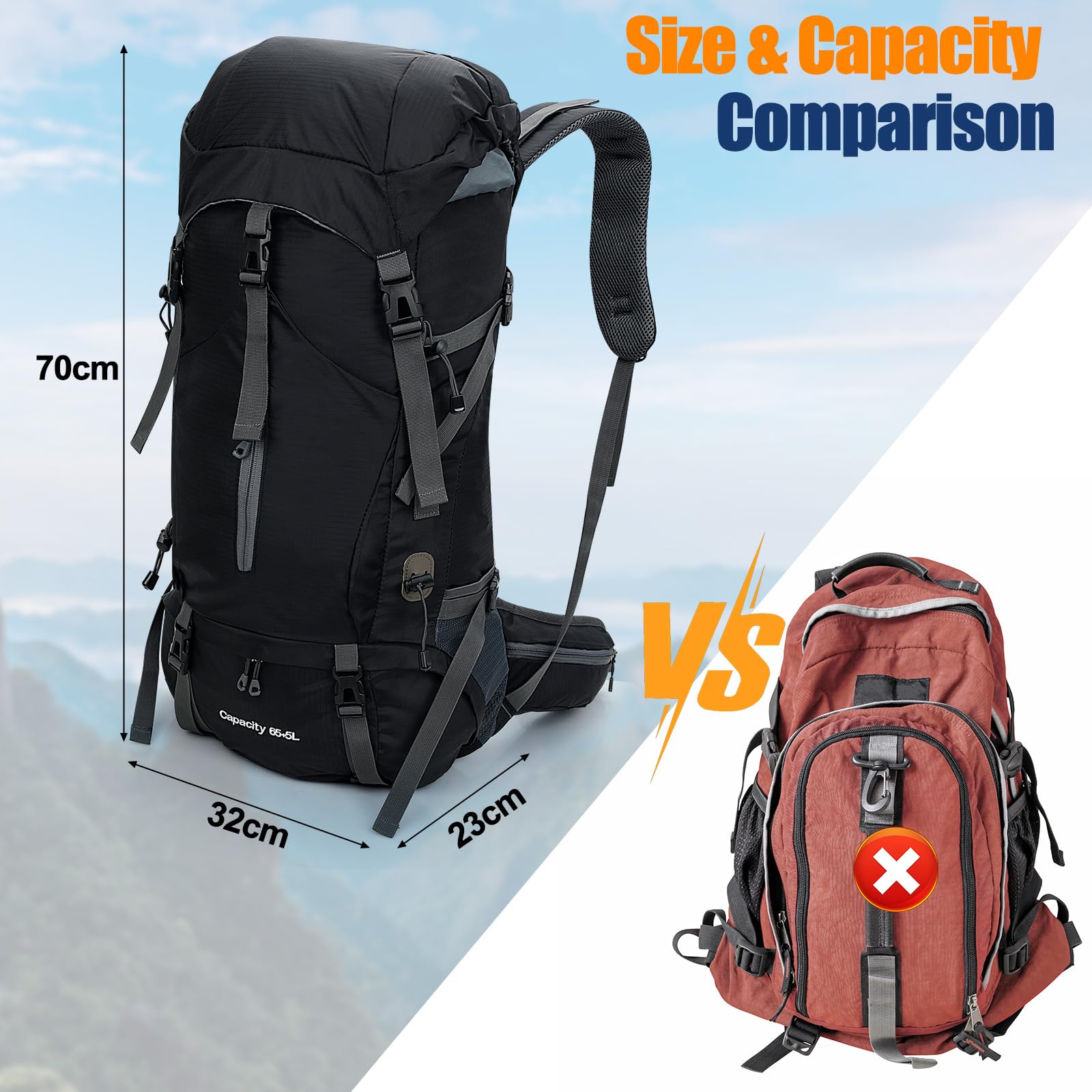 Cozary Plecak turystyczny 70 l, dla mężczyzn i kobiet, plecak trekkingowy, outdoorowy, z osłoną przeciwdeszczową, odporny na rozerwanie, wodoszczelny, z systemem wentylacji, wiele przegródek na