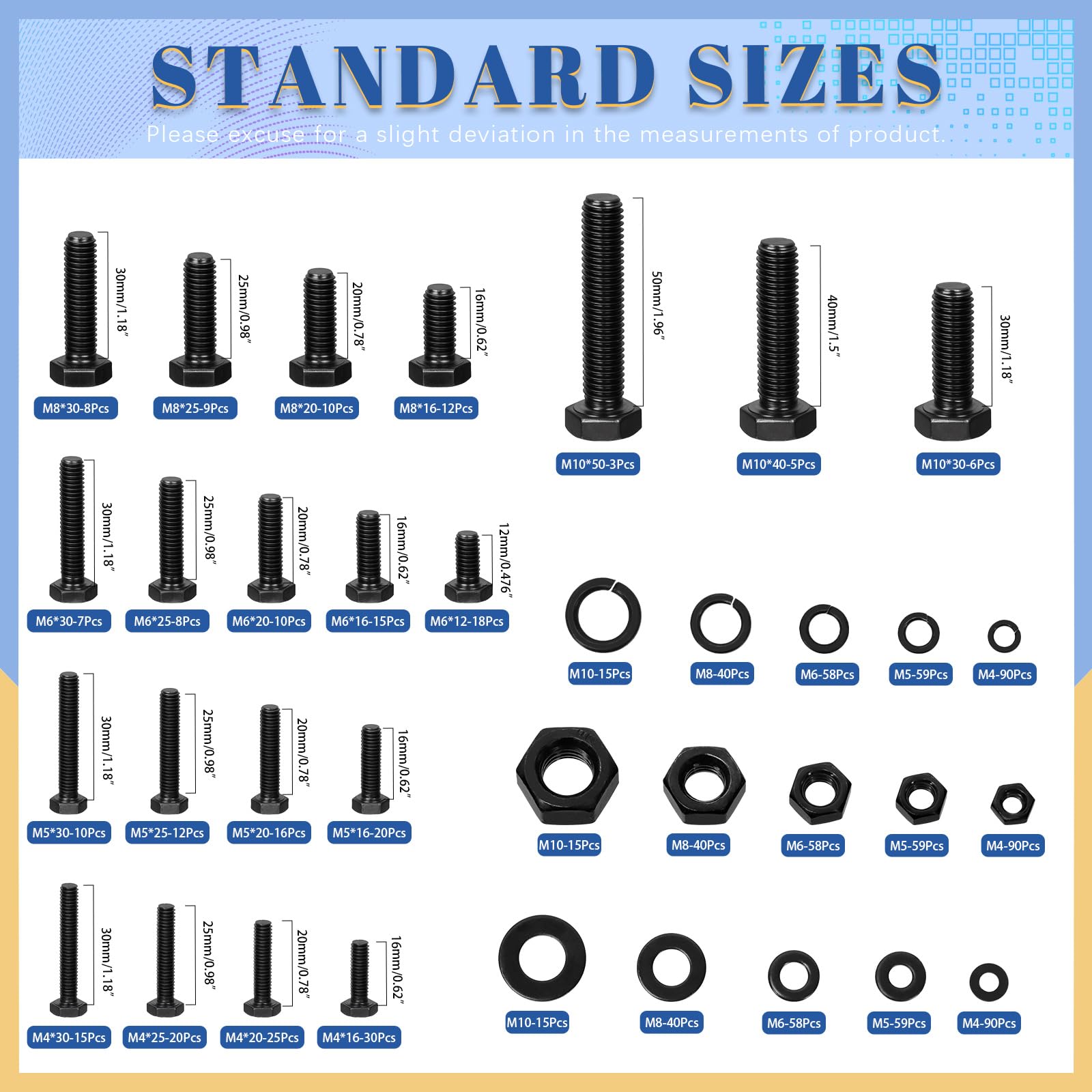Glarks 1045pcs M4/M5/M6/M8/M10 Grade 8.8 Hex Bolt Screws with Nuts and Washers Set, Includes 259pcs Hex Bolts - Image 2