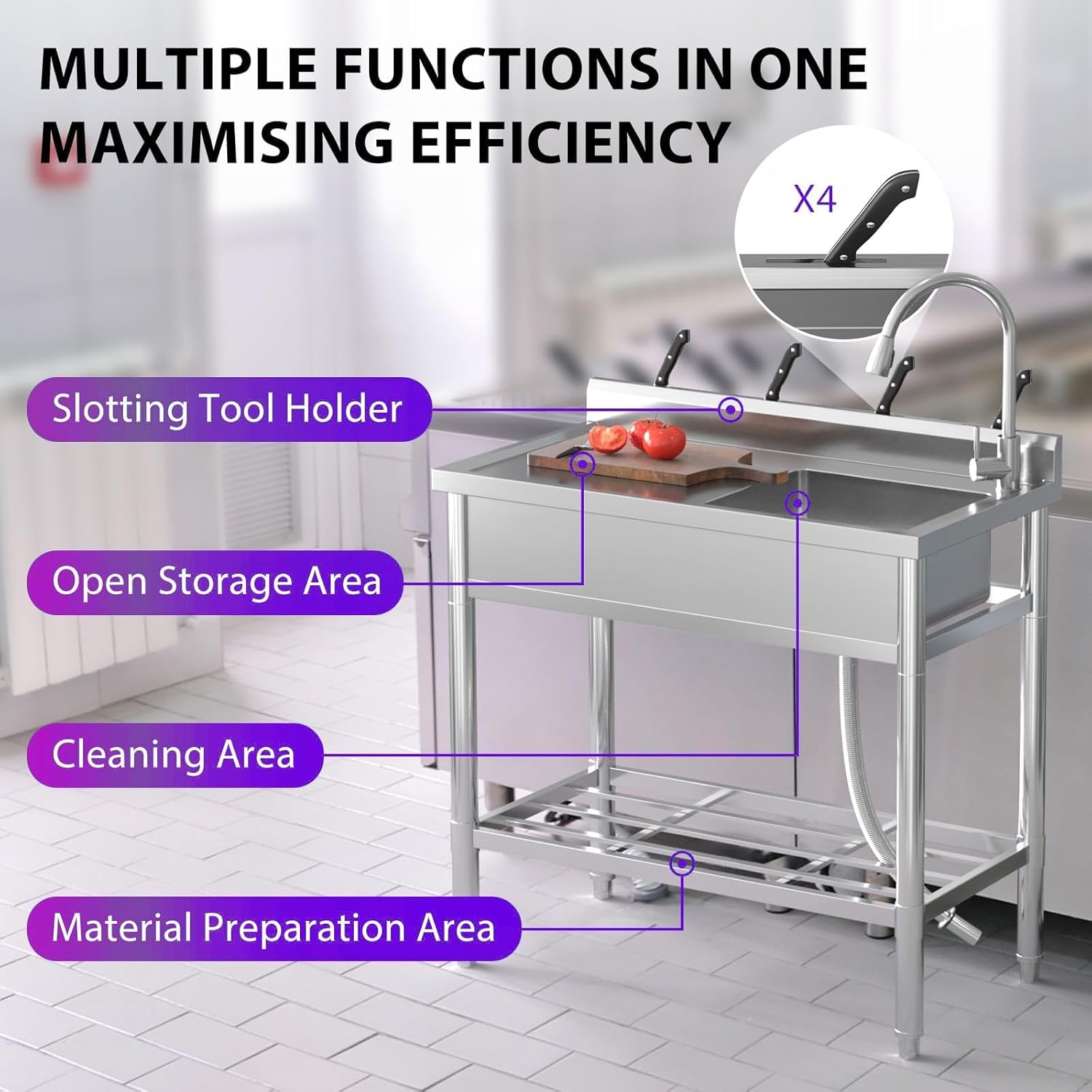 Diagram illustrating the multiple functional areas of the Garvee Stainless Steel Utility Sink, including a slotting tool holder, open storage area, cleaning area, and material preparation area.