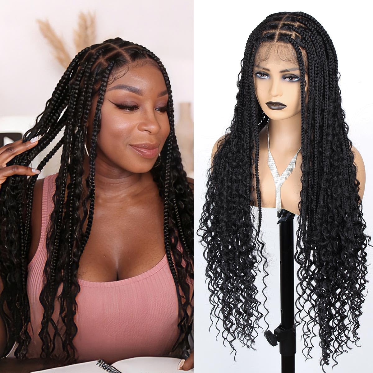 Boho Braided Wig 30 "360° HD Full Single-layer Lace Braided Wigs for Black Women Square Knotless Braid Wig with Baby Hair Handmade Synthetic Hair Blended Lace Front Natural Black