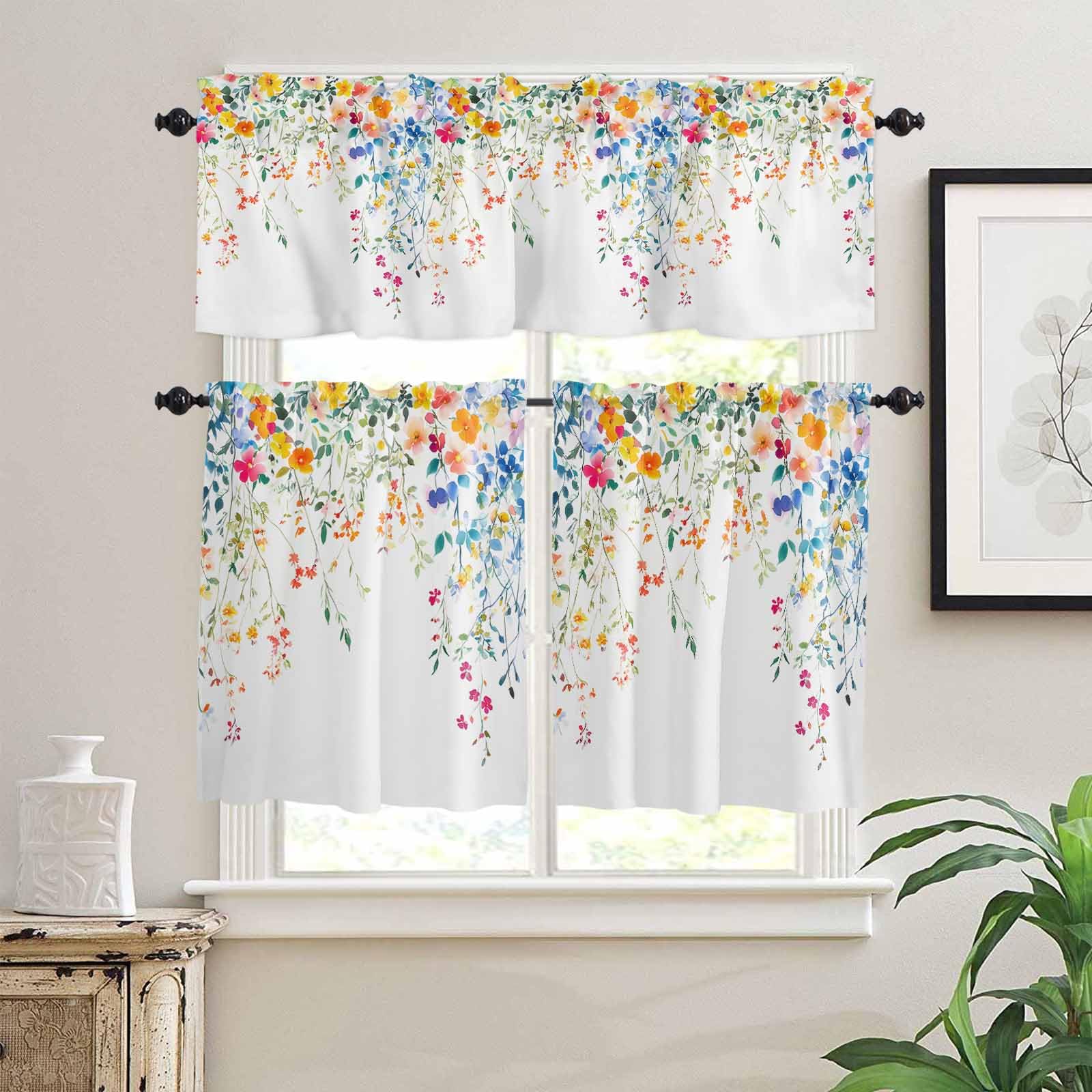 Yomandocix Kitchen Curtains and Valances Set, Flower Leaf Rod Pocket Curtains Tier Farmhouse Window Treatment 36 Inch Length, Country Style Colored Flower Branch Plant 3 Piece Kitchen Curtain Set