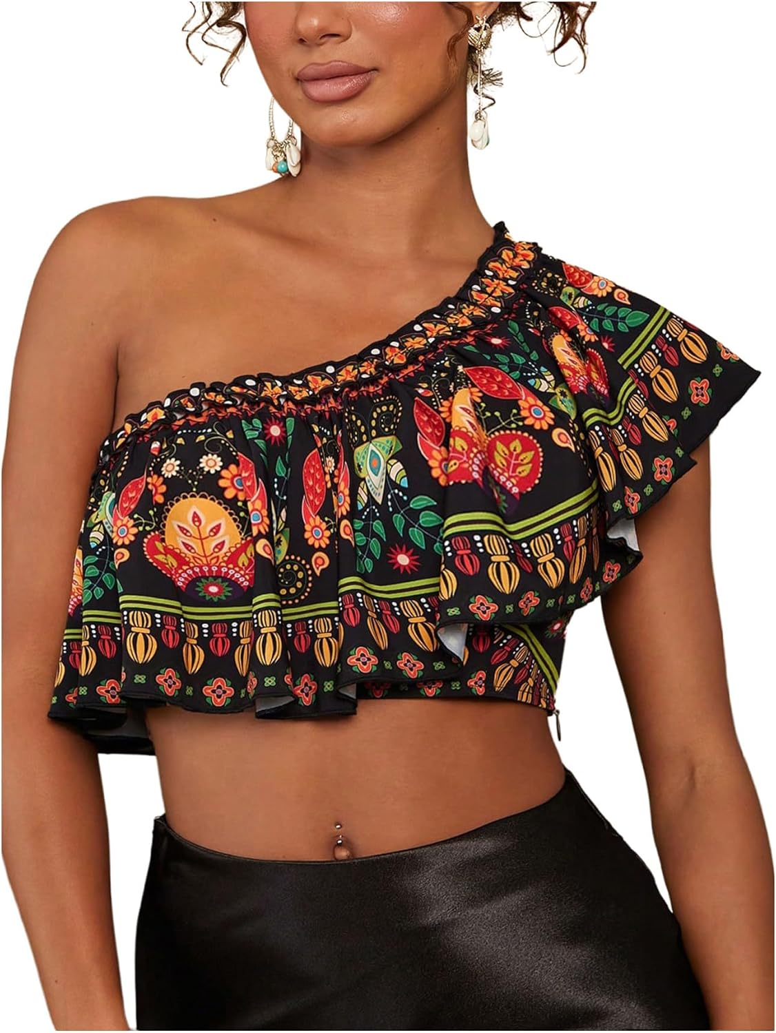 SweatyRocks Women's Ruffle One Shoulder Tops Boho Floral Print Blouses Vacation Crop Tops