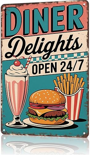 Cartel de metal de 8 x 12 pulgadas, letrero de metal vintage con delicias de comedor  Burger Fries Milkshake 50s Retro American Diner Aluminio Arte