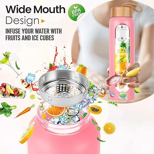 Miniatura 2 de Aqulea Botellas de agua de vidrio de 32 onzas con funda de silicona, botellas de agua motivacionales de vidrio de boca ancha reutilizables sin BPA