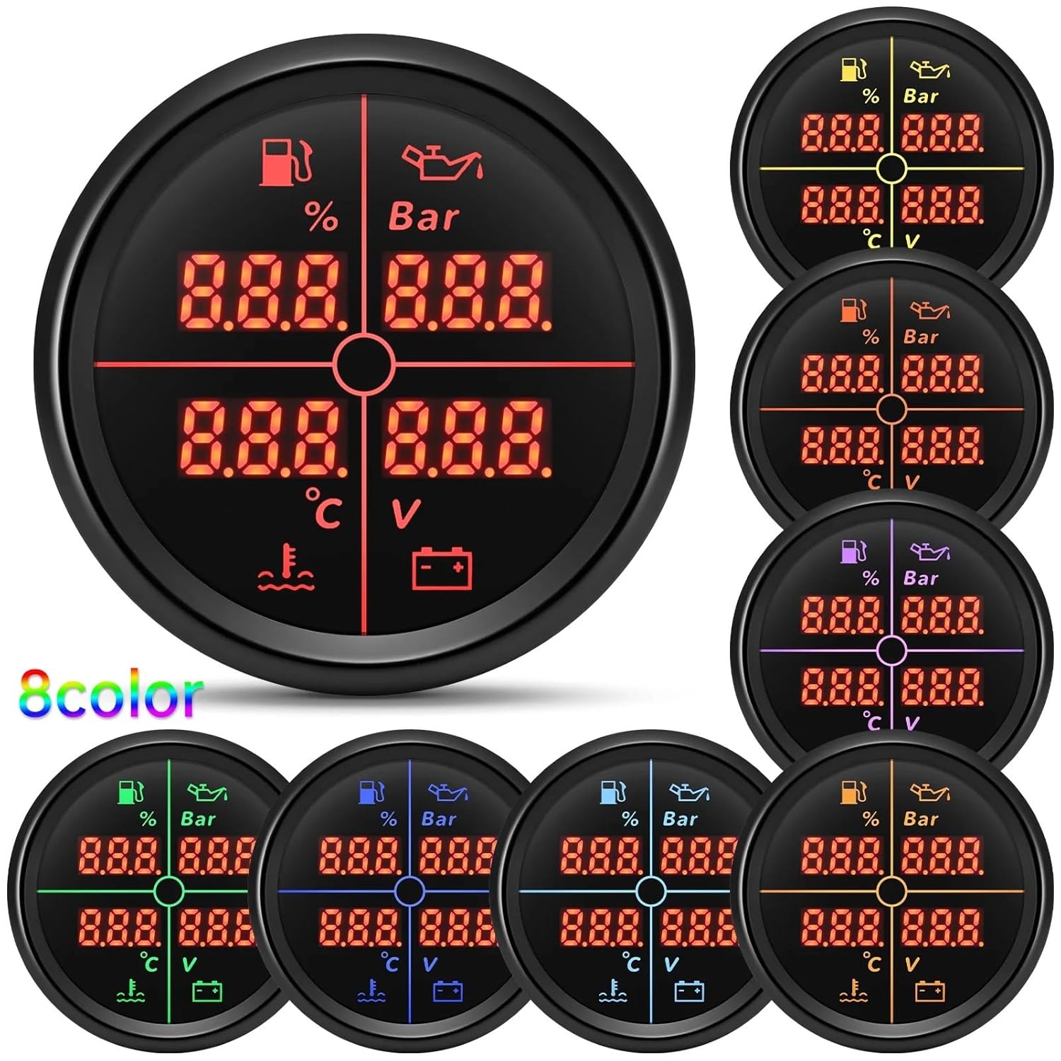 52mm / 85mm 4 in 1 Multifunction Gauge Fuel Level Oil Pressure Water Temperature Voltmeter with 8 Colors Backlights for Car Boat(85mm BS)
