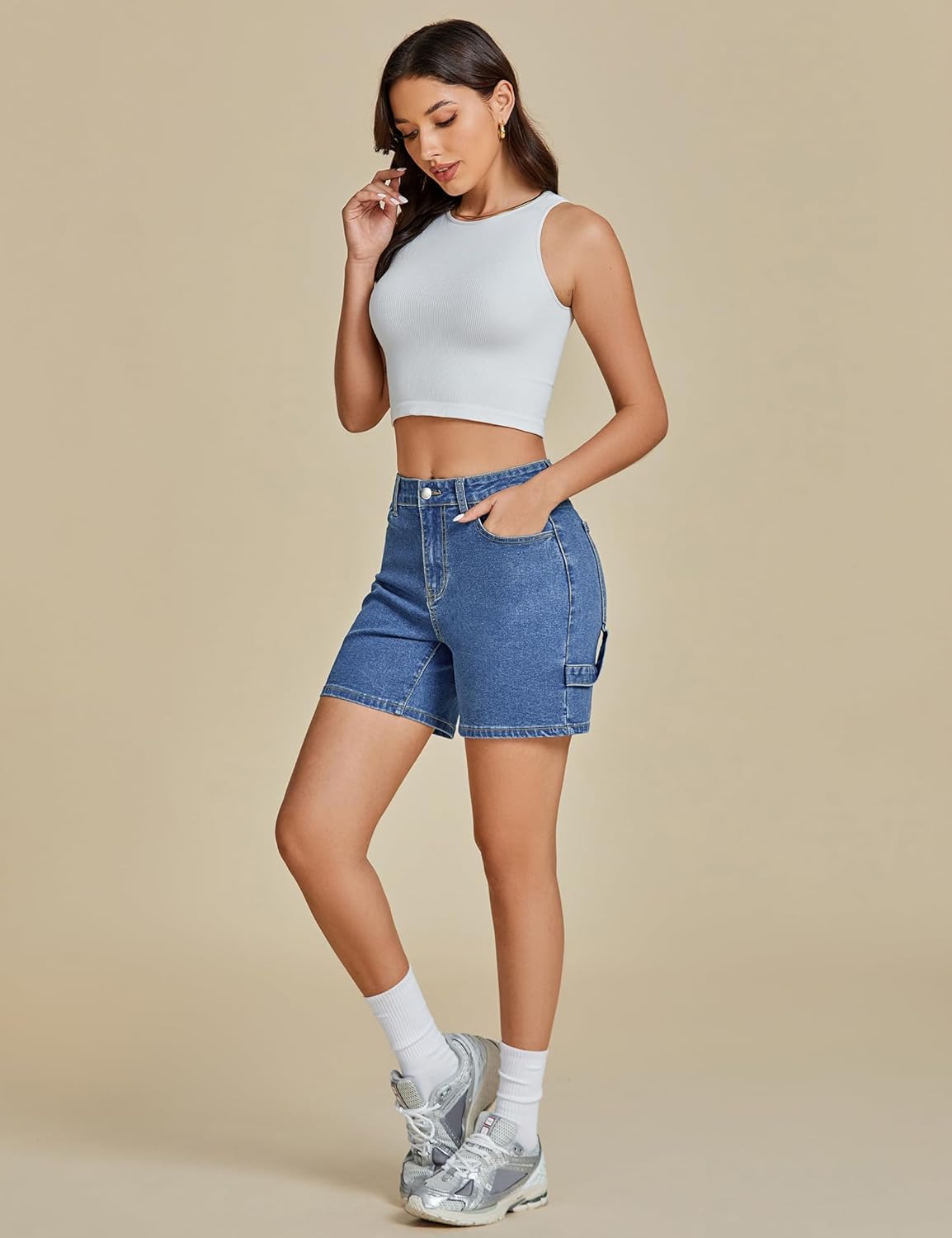 luvamia Jean Shorts for Women High Waisted Trendy Casual Utility Stretchy Denim Jorts Cutoff Long Shorts with Pockets - Image 3