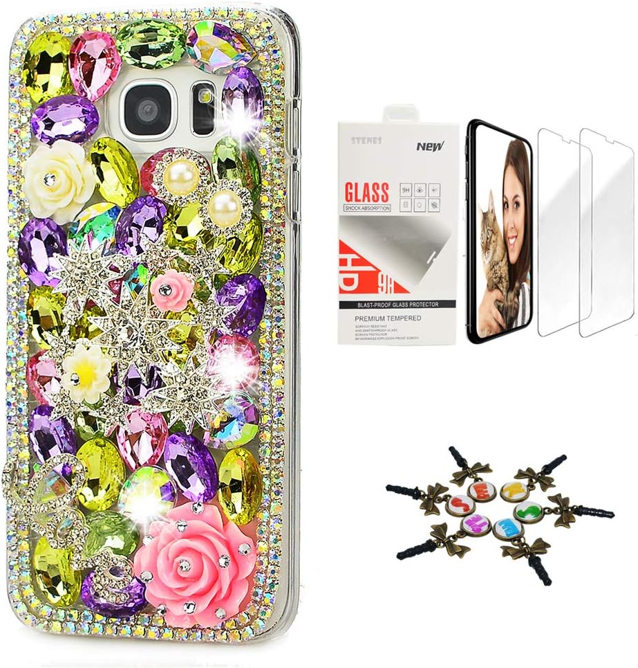 STENES Galaxy S10 Case - STYLISH - 3D Handmade [Sparkle Series] Bling Stars Rose Flowrs LOVE Design Cover Compatible with Samsung Galaxy S10 6.1 Inch with Screen Protector [2 Pack] - Colorful