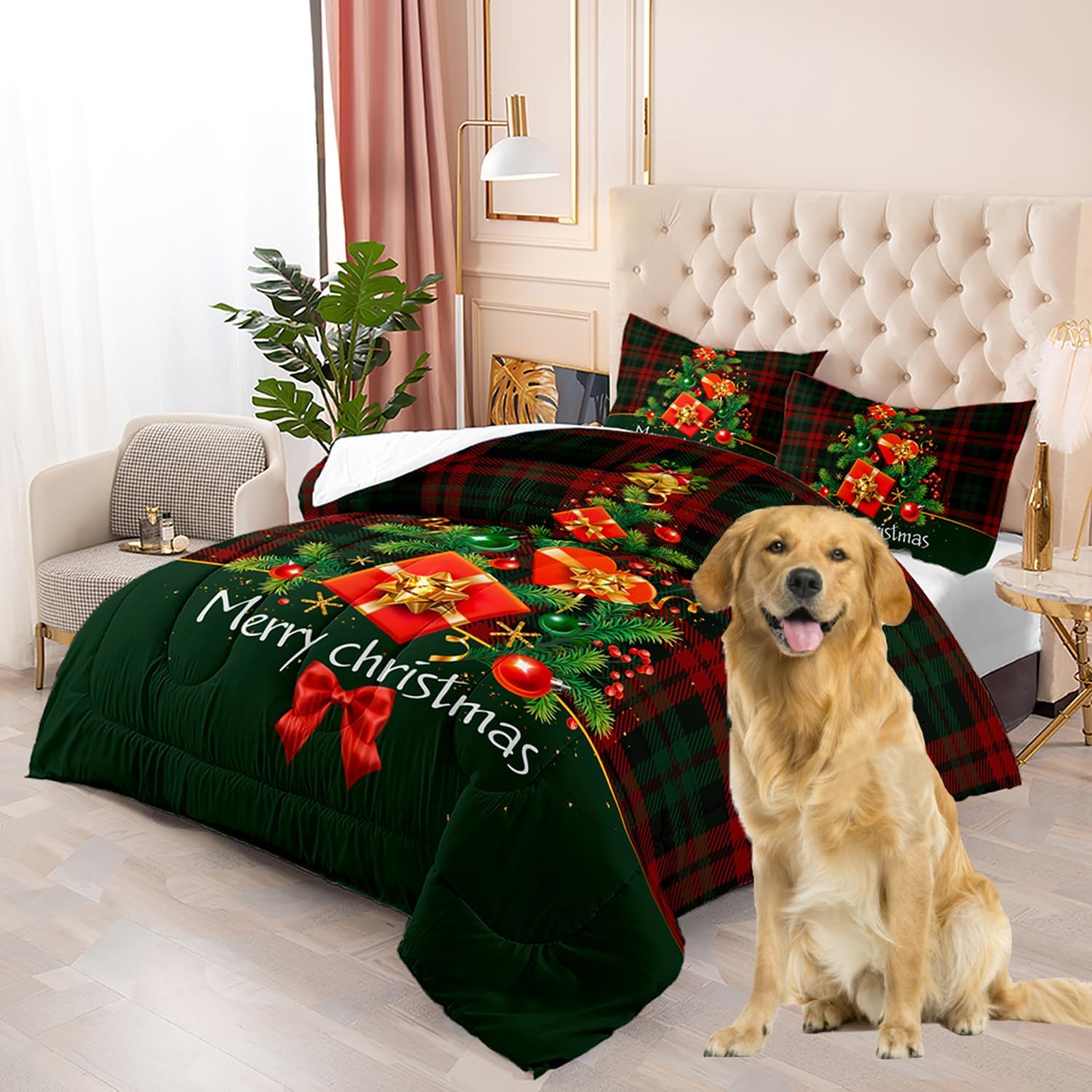 ITFRO Christmas King Bedding Comforter Set Pine Tree Deer Sled Buffalo Check Plaid 3 Pieces Comforter Set Soft Warm Microfiber Bedding Sets with 1 Comforter and 2 Pillowcases All Season (Red, King)