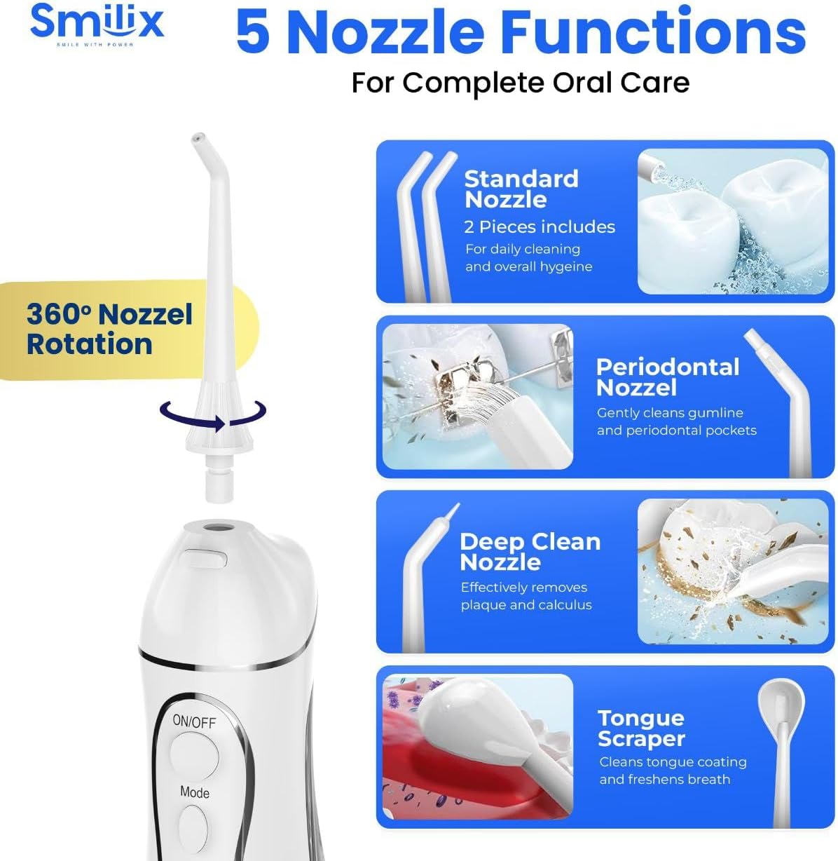 Water Flosser Cordless, Portable Water Dental Flosser for Teeth Cleaning, 300ML Rechargeable Oral Irrigator with Travel Case, IPX7 Waterproof, 5 Jet Tips – Water Pick for Teeth & Gum Care by Smilix