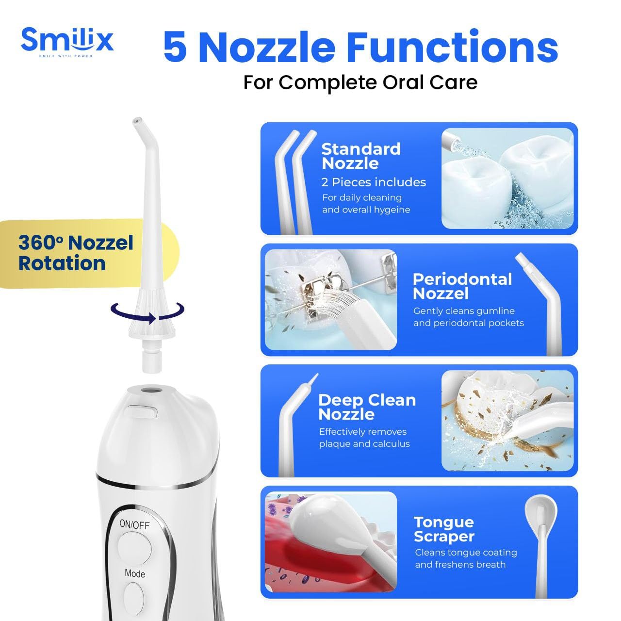 Idropulsore senza fili per la pulizia dei denti e le parentesi graffe, filo interdentale portatile 300 ml, ricarica rapida USB-C, impermeabile IPX7, 4 modalità di pulizia, 5 punte, custodia da viaggio