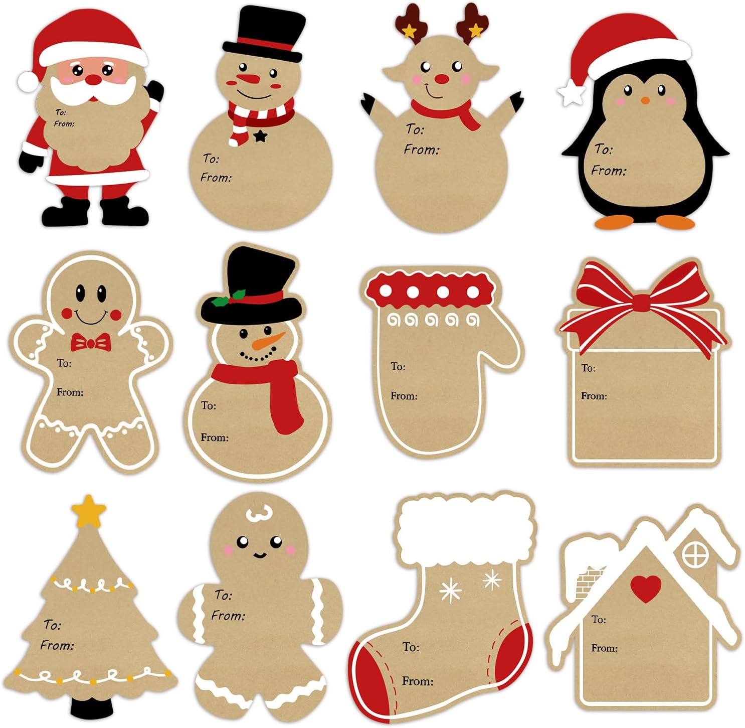 Christmas Gift Tags Stickers, 96 Pcs Christmas Gift Box Labels Stickers, Natural Kraft Paper Self-Adhesive Christmas Name Tags for Xmas Gifts Wrap Presents Box Envelope Decor, 2×3 Inch