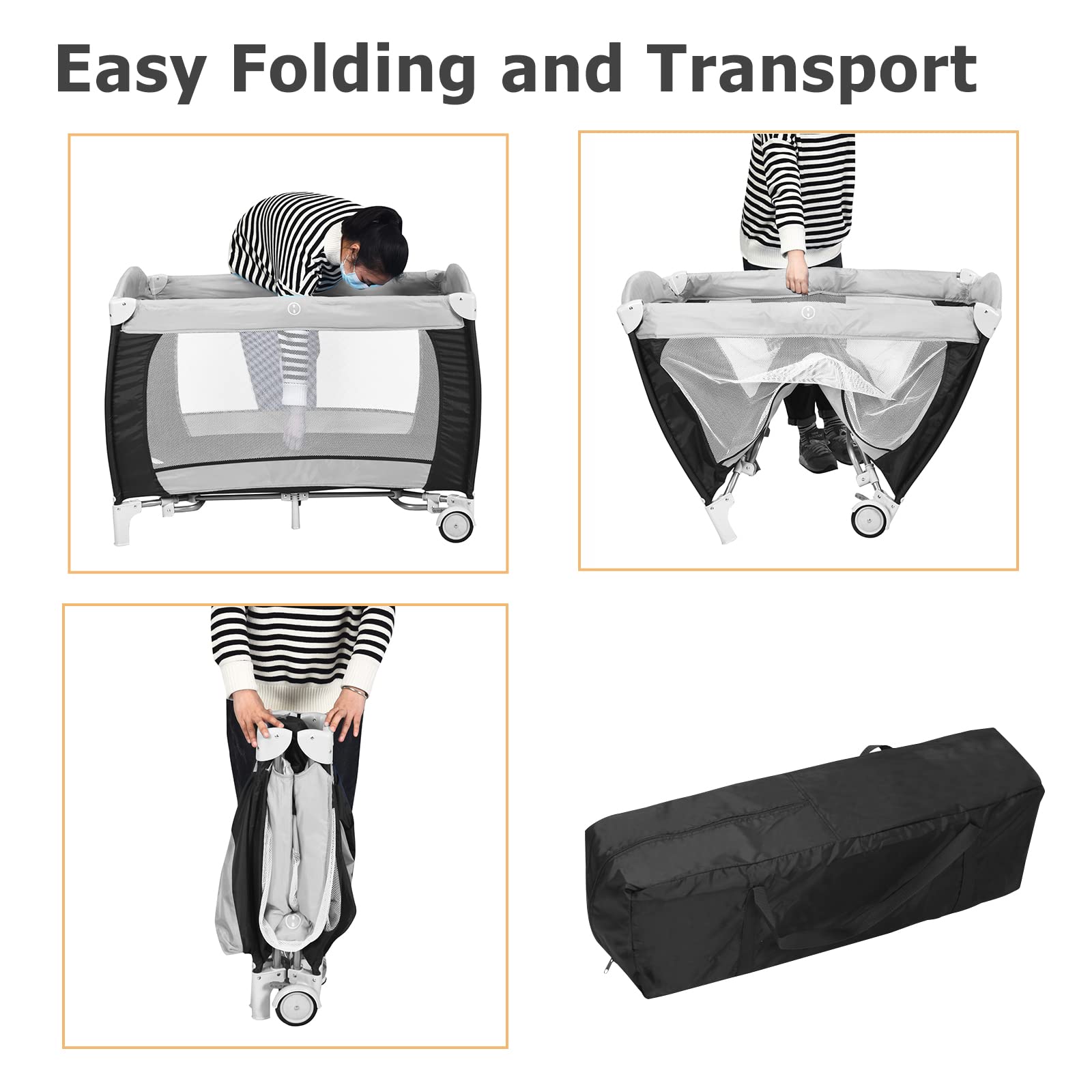 LIFEZEAL Lettino Pieghevole 3 in 1 con Materasso e Fasciatoio, Culla da Campeggio con Zanzariera, Cestino Portaoggetti e Borsa per il Trasporto, Ingresso Laterale per Bambini 0-36 Mesi (Black)