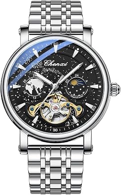 LOREO Luxury Mens Automatic Watch Luminous Starry Sky Dial Tourbillon Silver Stainless Steel Case Leather Strap 12/24 Hours Waterproof Moon Phase Watches