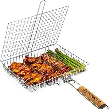 UPGRILLZ Fish Grill Baskets for Outdoor Grill Vegetables, Fish Grilling rack for Grill, BBQ Grilling Basket, Stainless steel Grill Basket for Veggies, shrimp