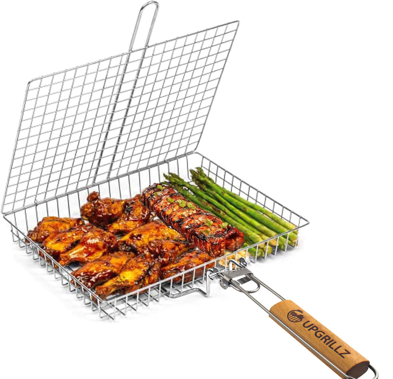 Cesta de parrilla de pescado para barbacoa al aire libre, cesta de acero inoxidable para asar verduras con asa desmontable y plegable con bolsa de transporte