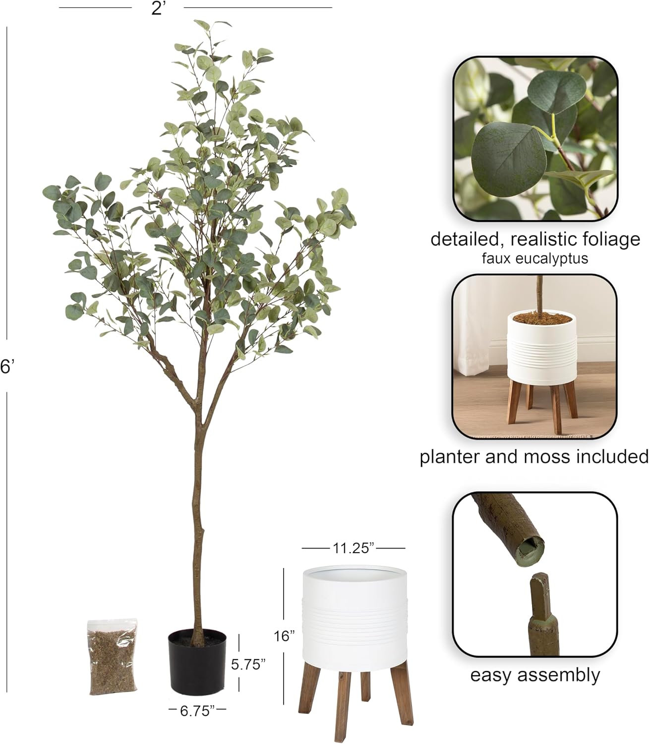 Kate and Laurel Eudora Faux Eucalyptus Tree with Gavri Metal Planter Pot, 6.5 FT, White and Rustic Brown, Potted Artificial Tree Indoor with Realistic Foliage and Moss, Fake Plant for Living Room