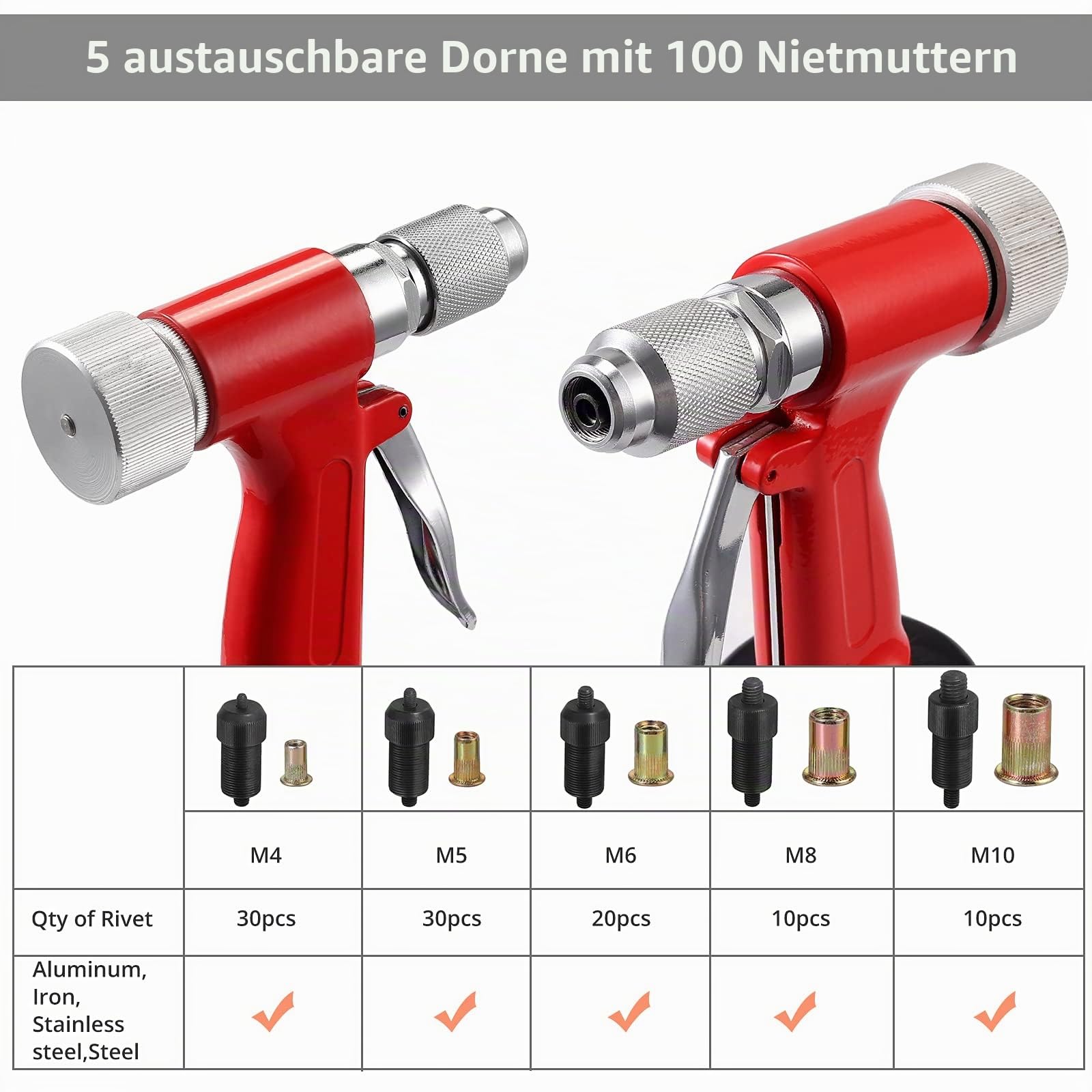 Proster Druckluft Nietmutternzange Set Nietmutterpistole, 100PCS Nietmutter Set, 5 Stück Metrische Mandrels (M4-M10), Luftdruckhydraulisches Werkzeug für Automobil, Industrie, Heimwerkerprojekte- Rot | Luftbetriebenes Nietmutternwerkzeug mit 5 Nasenstück