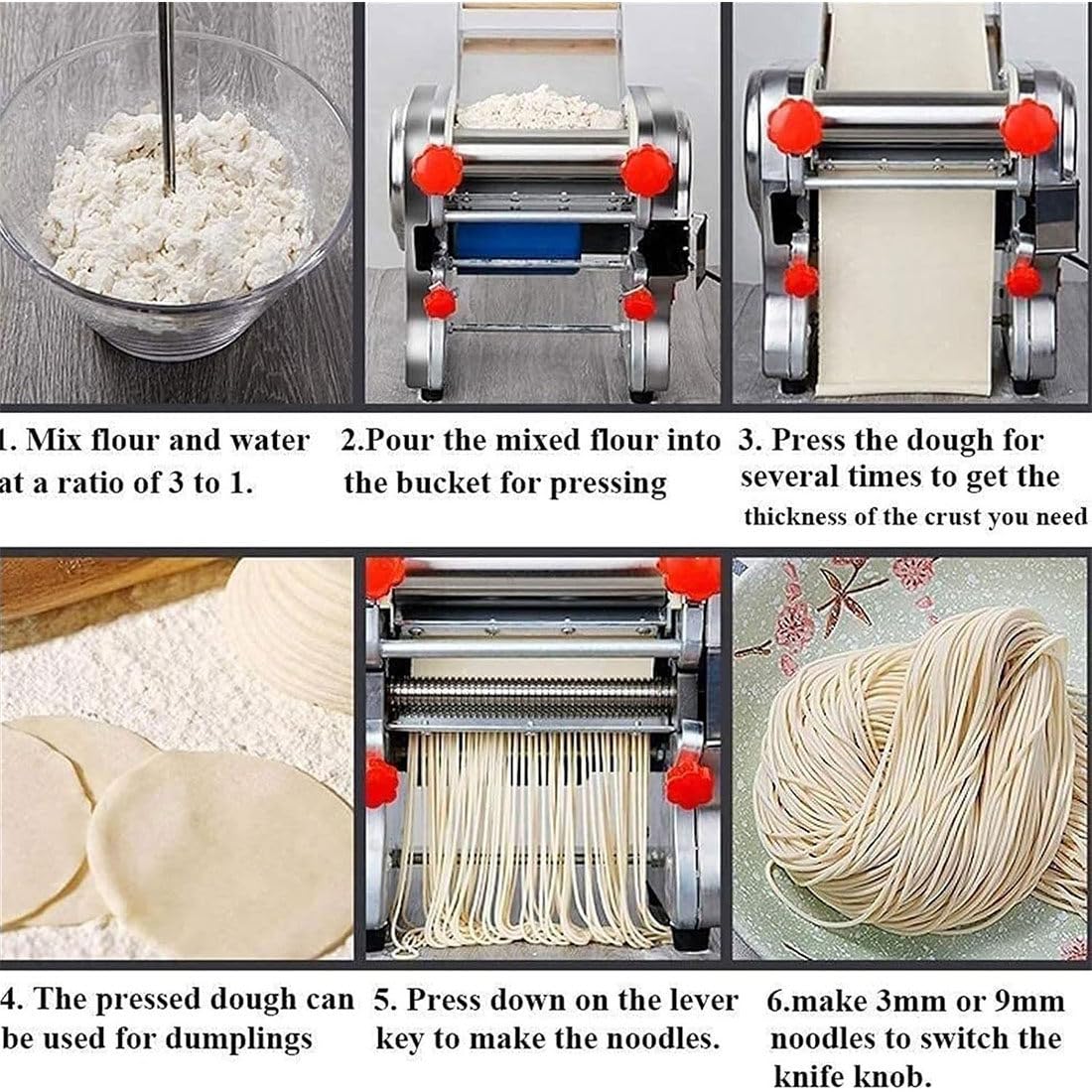 Máquina para hacer pasta de acero inoxidable, rodillo eléctrico de 550 W, cortador de masa resistente, laminador de masa para empanadillas, para uso doméstico y en restaurantes.