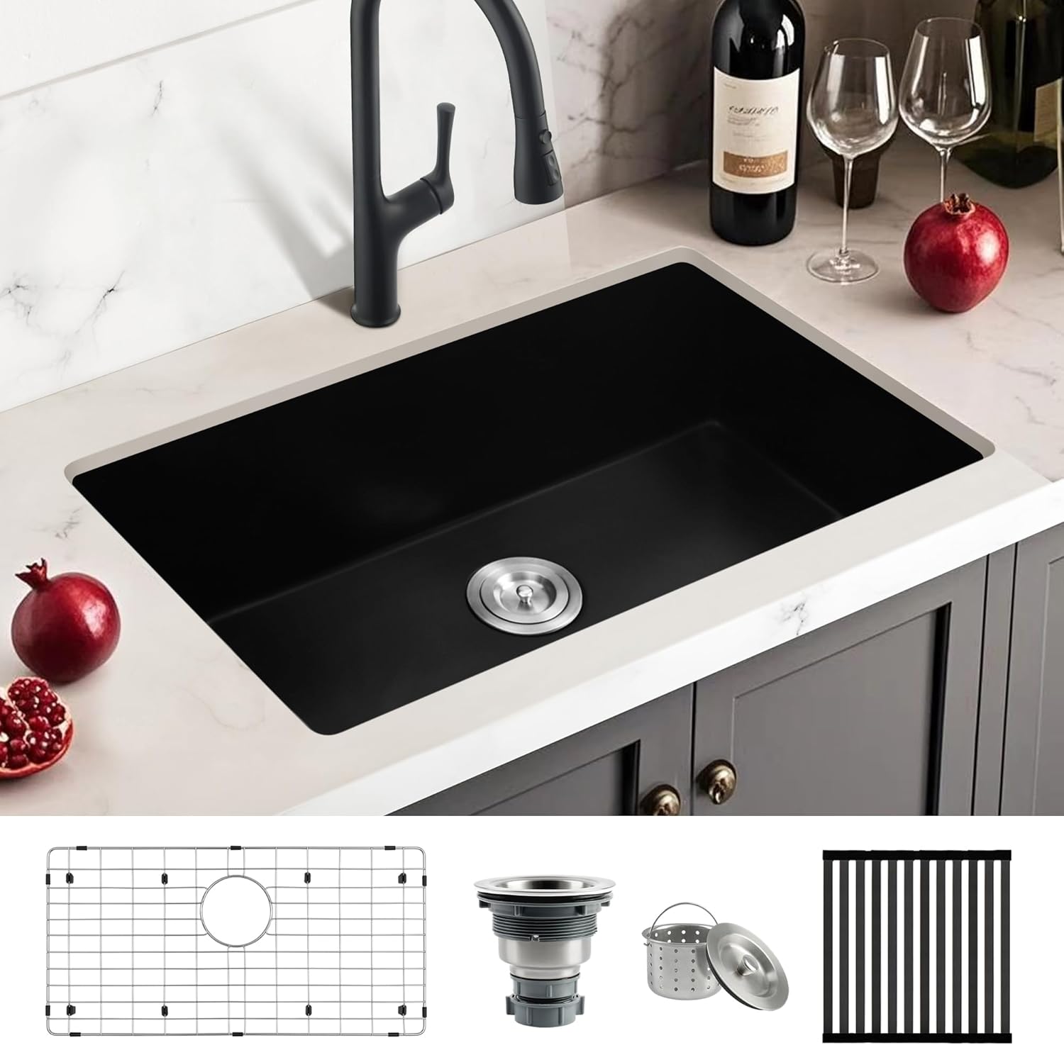 MILOSEN Black Kitchen Sink 27×18×9 Inch, Undermount/Drop In Granite Composite Quartz Single Bowl Sink, Large Deep Undermount Kitchen Sinks with Custom Accessories