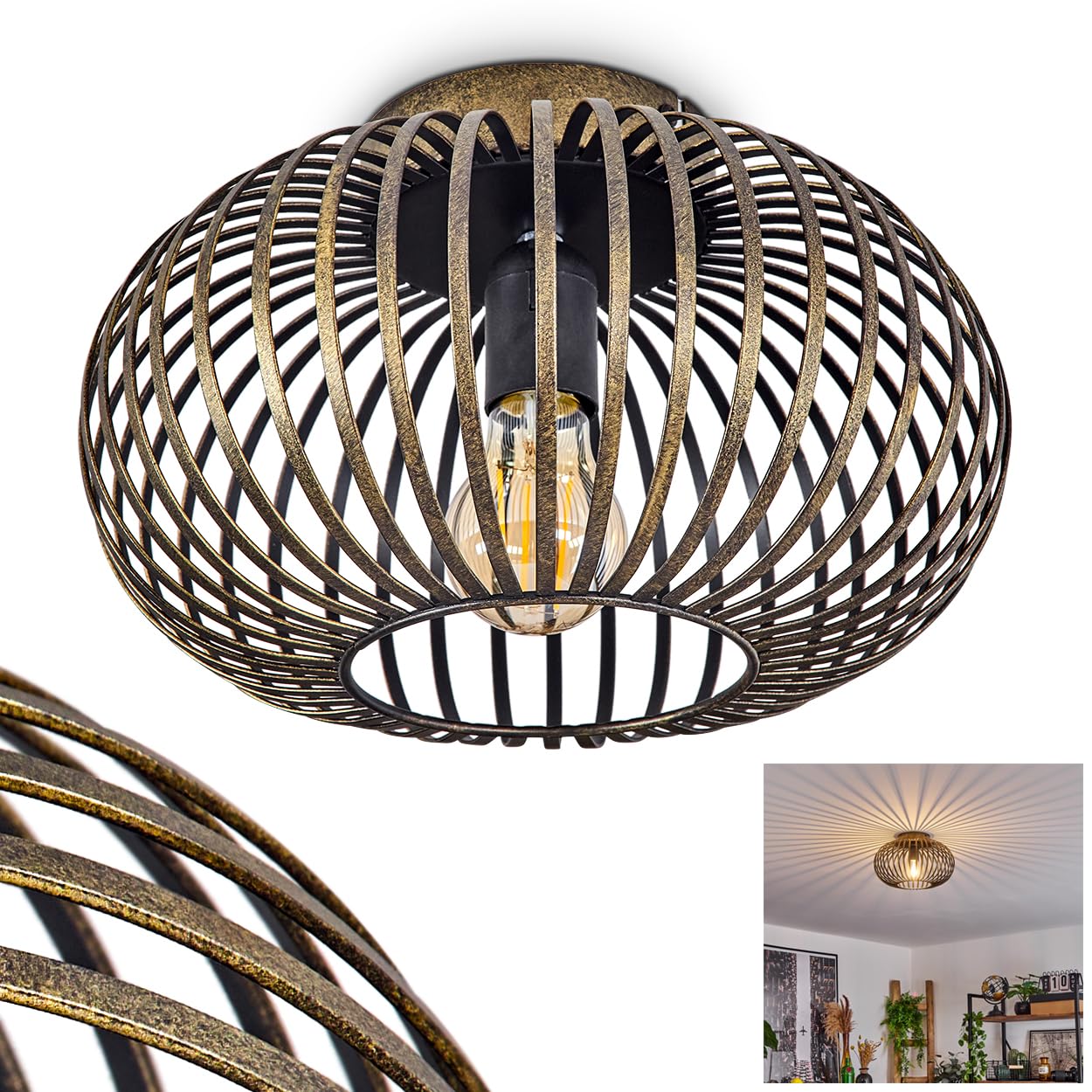 Plafoniera Oravi, lampada da soffitto rotonda in metallo in nero antico, 1 luce, attacco E27, senza lampadina, Ø 30 cm, luce retro/vintage con grande effetto luminoso grazie all'ottica a reticolo