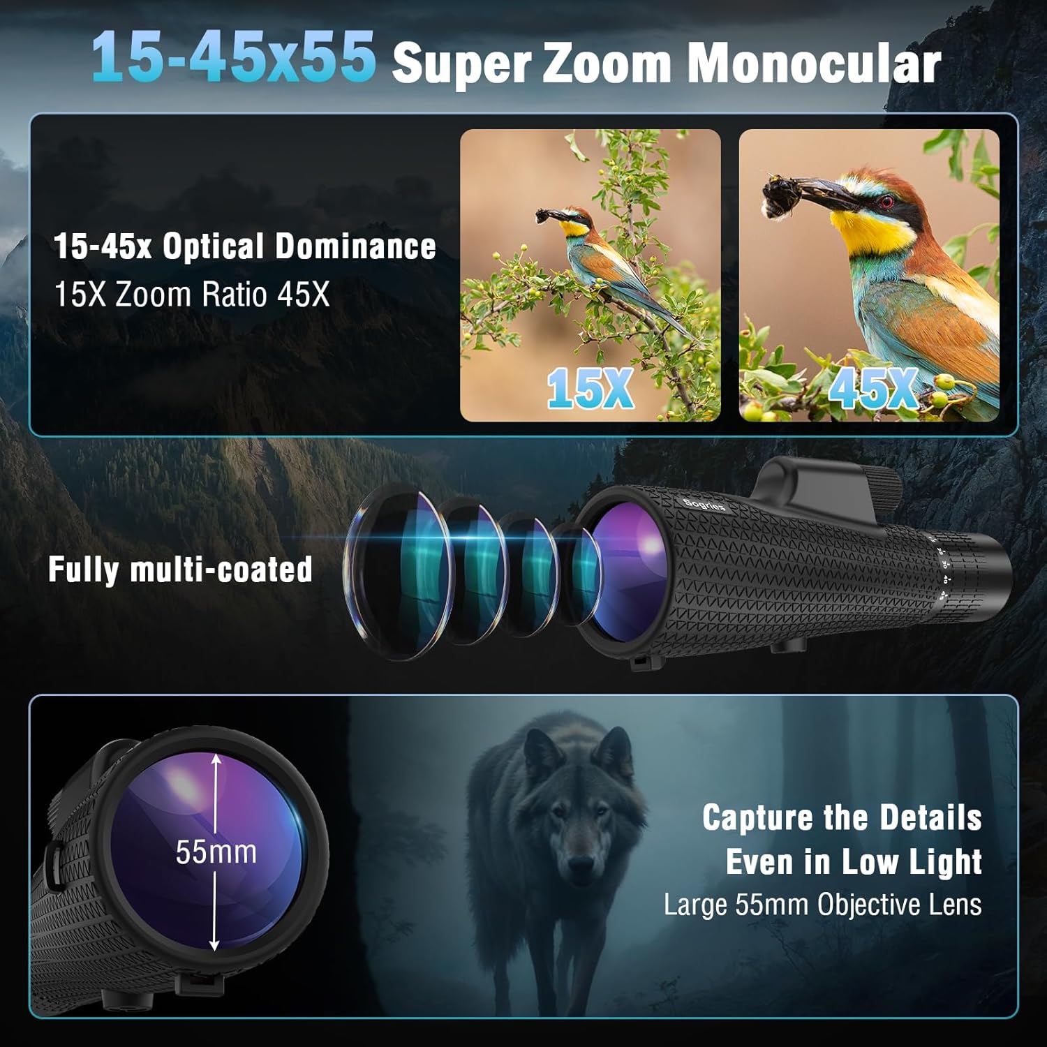 15-45x55 Zoom Monocular Telescope-High Power Monocular for Adults BAK4 Prism for Bird Watching and Traveling Concert - Image 2
