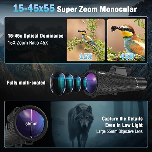 Vista 2 de Telescopio monocular de zoom 15-45x55 de alta potencia - Monocular para adultos con prisma BAK4 para observación de aves y concierto de viaje