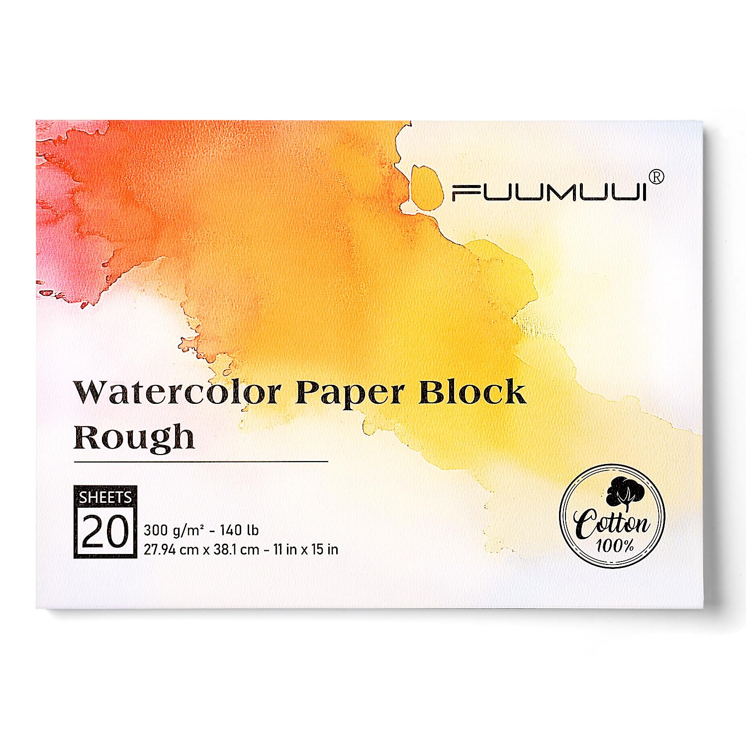 Fuumuui Watercolor Paper Block 11x15 Inch, 100% Cotton, 20 Sheets, Rough Texture, 300gsm/140lb, Acid-Free for Textural & Landscape Painting