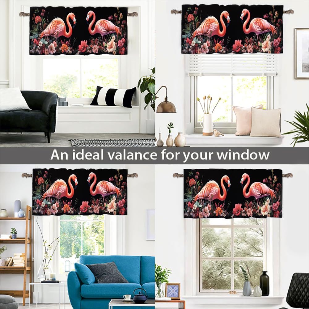 1 Panel Abstract Flamingo Animal Valance for Windows, Rustic Colorful Floral Leaf Rod Pocket Valance Curtains Home Decor Window Treatment for Kitchen/Living Room, 54" X 18"