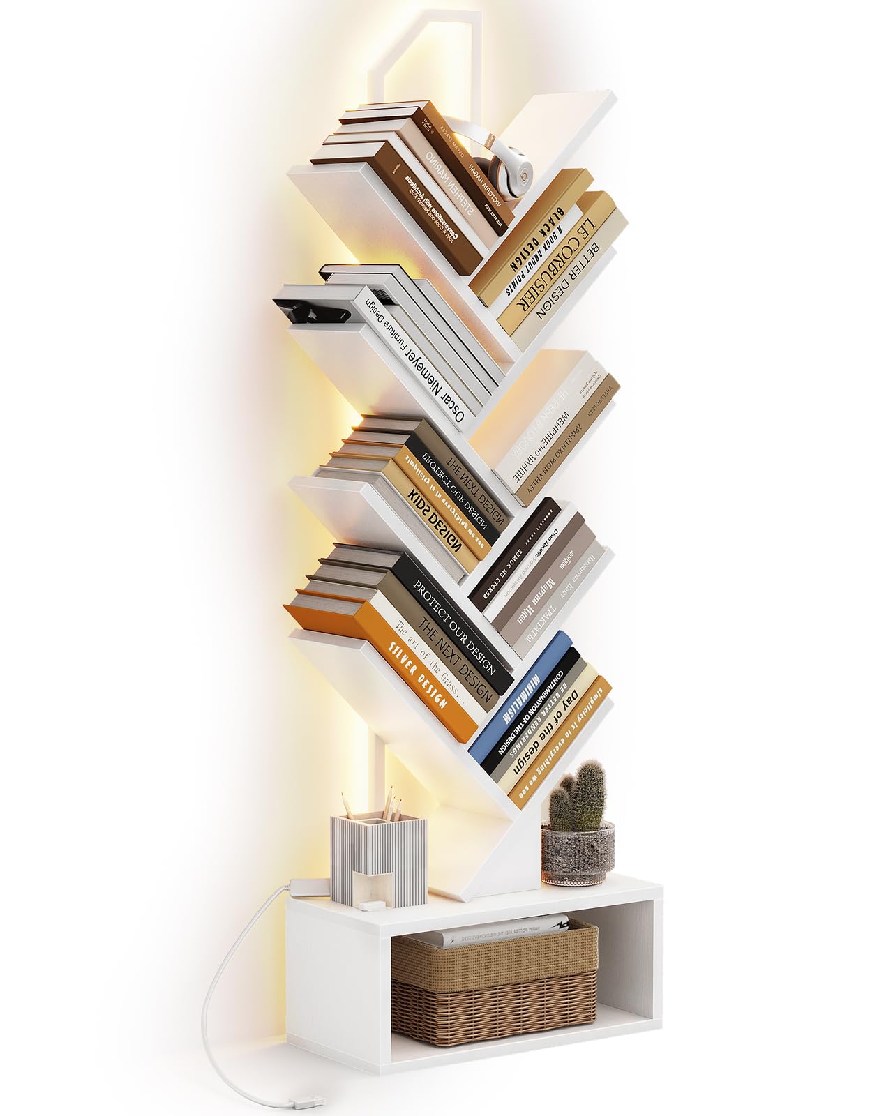 Coleshome Tree Bookshelf with LED Light, 8-Tier Floor Standing Bookcase, Bookcases suitable for bedrooms and living rooms, Wooden bookshelves suitable for bedrooms and living rooms,White