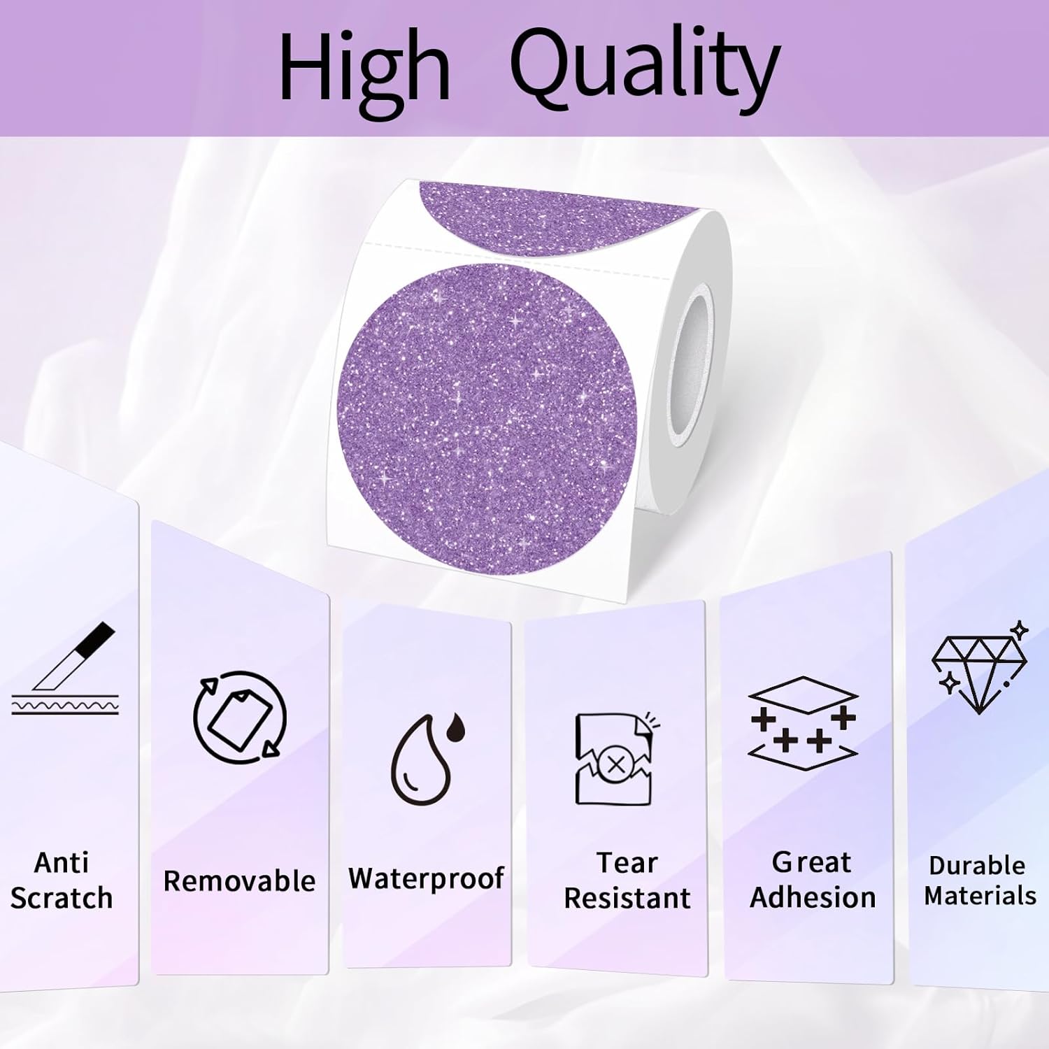 3" Circle Holographic Thermal Labels Stickers, Round Direct Thermal Label Stickers, Glitter Thermal Printer Sticker Labels for Gift Wrapping, Perforation Line Design- Glitter Purple - Image 4