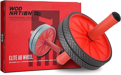 WOD Nation Ab Roller - Negro y rojo, equipo de fitness moderno para gimnasio en casa y viajes, rueda de abdominales para entrenamiento y estabilidad
