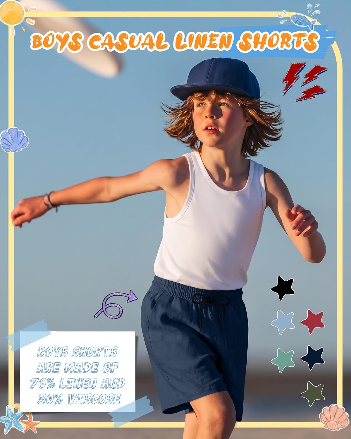 Boys Swim Trunks with Liner Kid Linen Board Shorts Elastic Waist Drawstring Water Swimwear for 3-12 Y