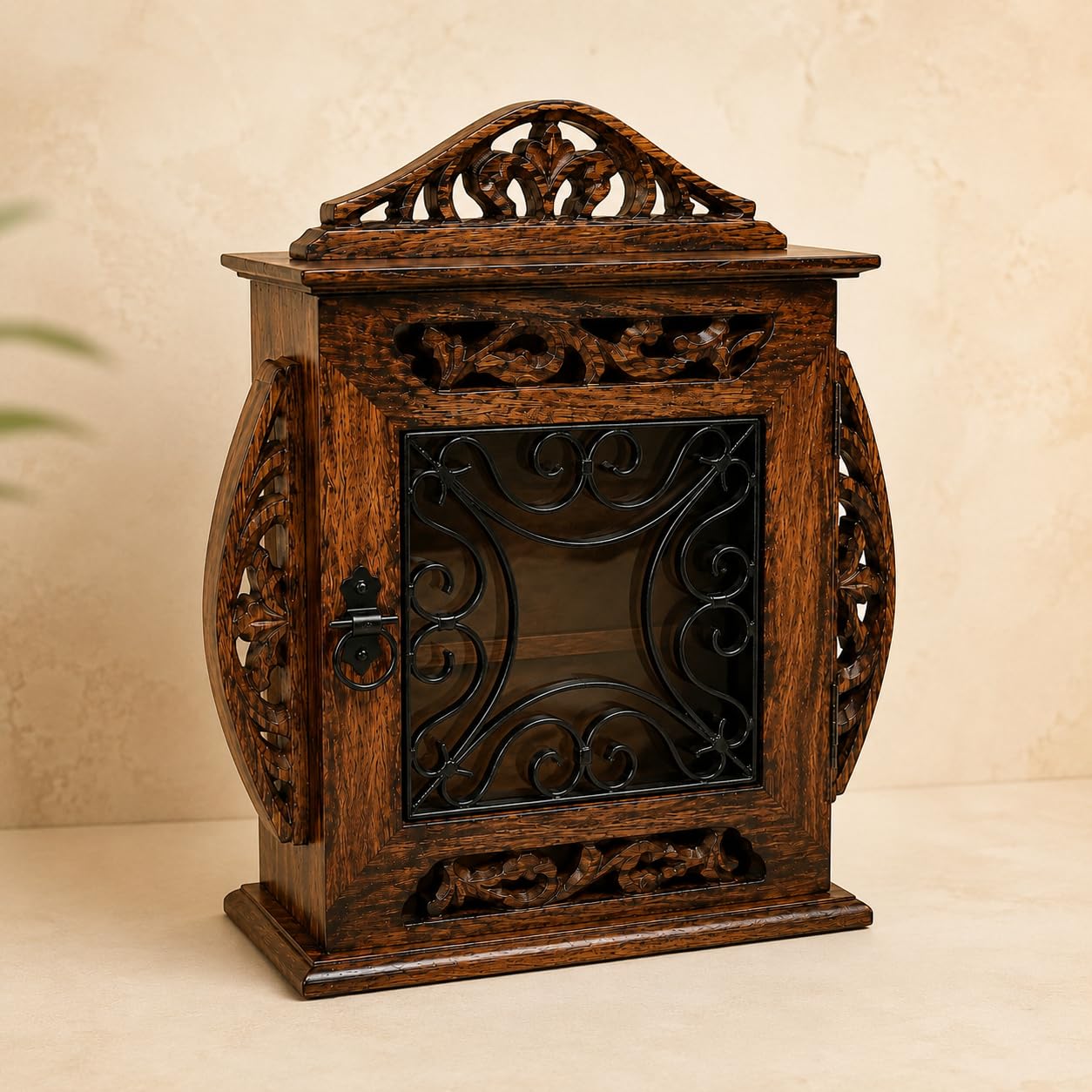Handcrafted Wooden Wall Mounted Key Holder Cabinet with Mirror Door | Decorative Key Storage Box | Solid Wood Organizer for Entryway, Hallway, Living Room & Office | 6 Hooks-image-44