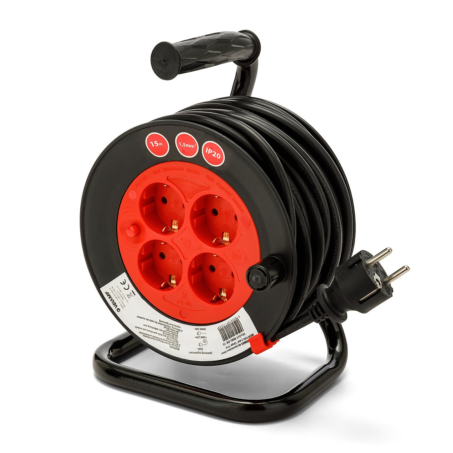 Carrete de cable DIY 4 enchufes estándar Schuko, cable H05VV-F3G1.5MM2, 15M, CE