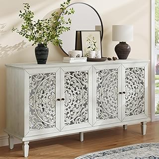 Sideboard Buffet Credenza Cabinet, 4-Door Hollow-Carved Accent Cabinet, ...
