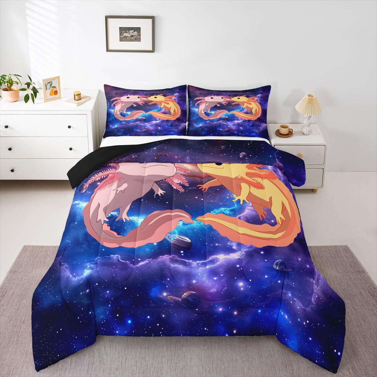 Feelyou Cute Galaxy Axolotl Comforter Set - Twin Size with 1 Comforter and 1 Pillowcase
