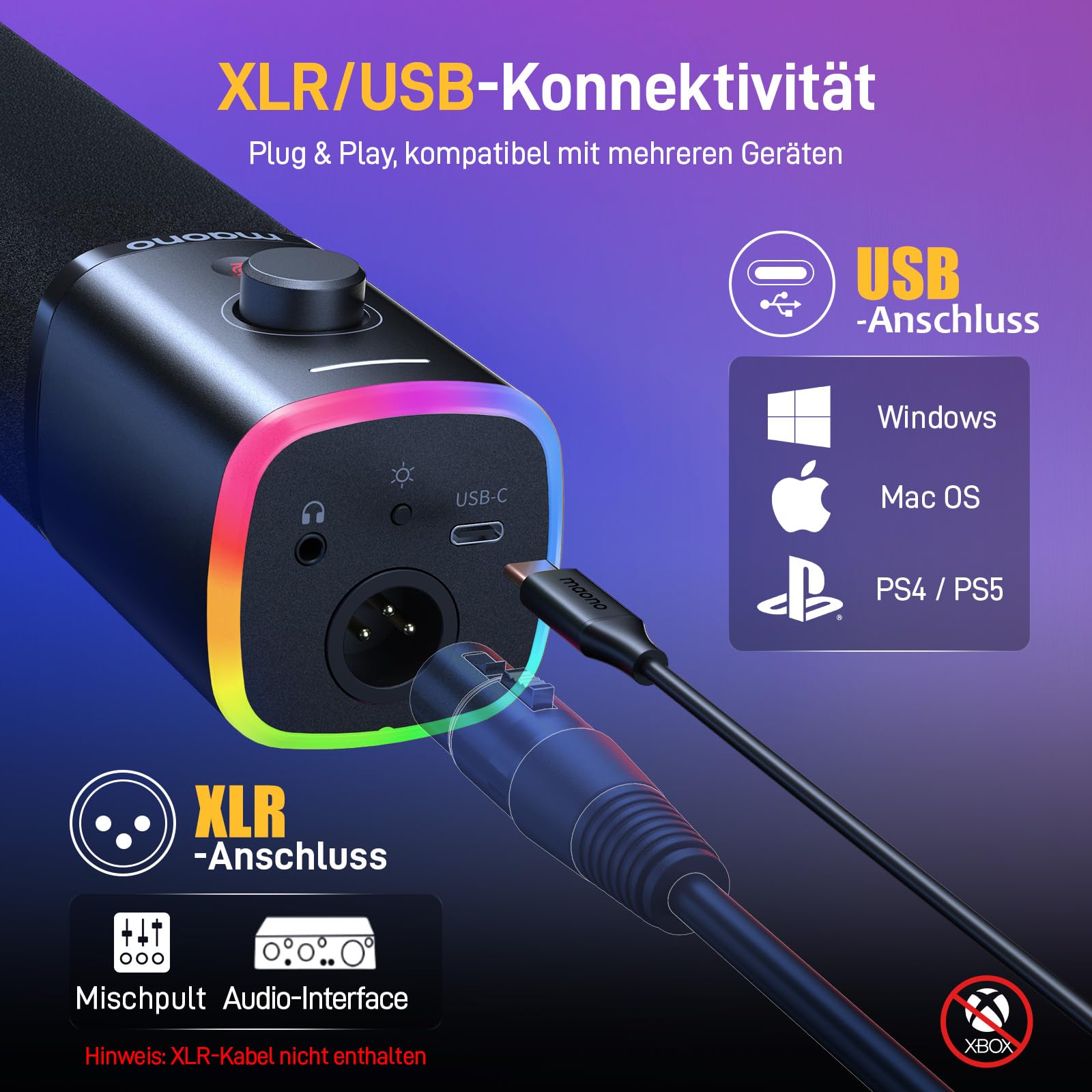 MAONO XLR-USB Streaming Mikrofon mit Arm: Dynamisches Mikrofon mit Software, Stummschalttaste, Gain-Regler, für Podcast, PC Gaming, Aufnahme, YouTube-Inhaltserstellung, Chat, PS4-5 Mac Mixer (PD100XS)