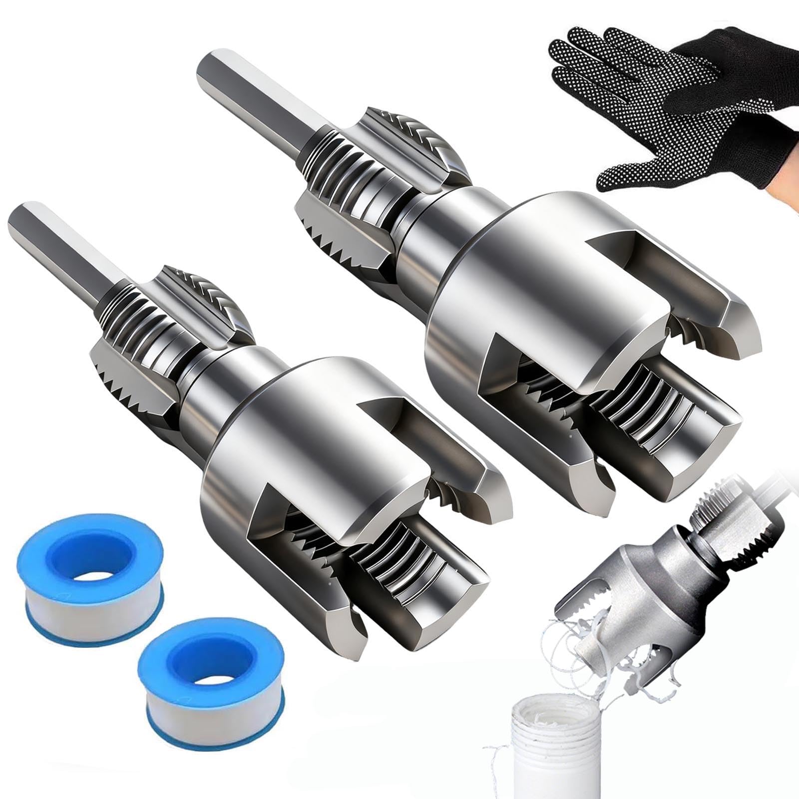 2PCS Integrated Internal & External Pipe Threading Tool, Dual-Function PVC Pipe Thread Cutting Tool with 1/2'' & 3/4'' Dies, Electric Drill Compatible Pipe Threader Kit for Home Repairs