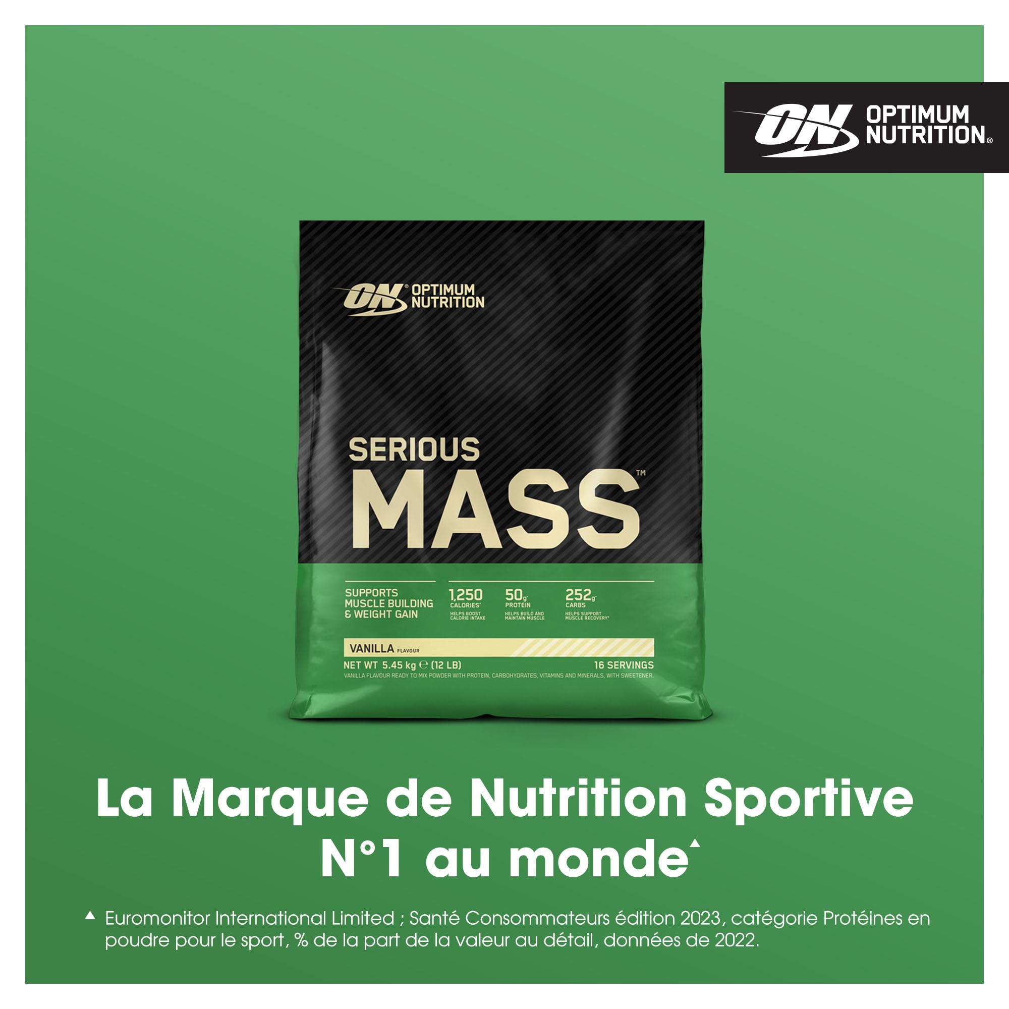 Optimum Nutrition Serious Mass Poudre de Protéine Gain de Masse Hautement Calorique 25 Vitamines Minéraux Créatine Glutamine Vanille 5.45 kg