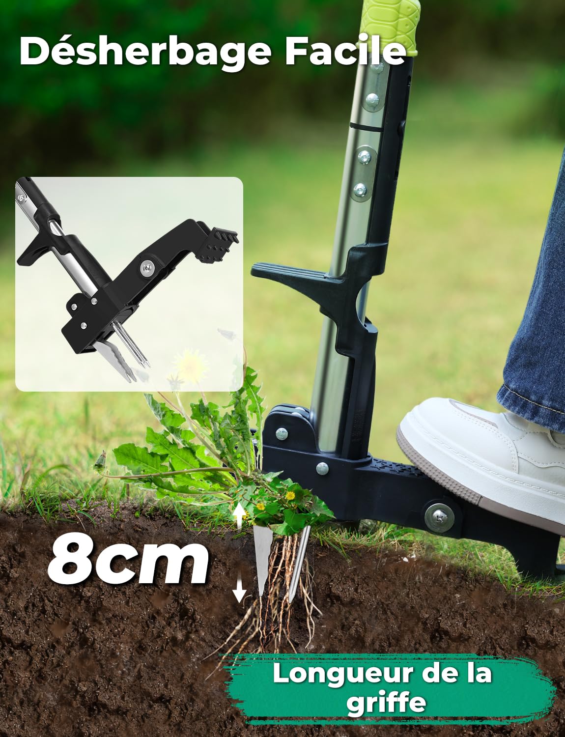 YISSVIC Desherbeur Manuel 108cm en Acier Inoxydable à 4 Griffes avec Pédale Arrache-Racines Télescopique Arrache Pissenlit Poignée Antidérapante Réglable en Forme de D pour Outils Jardinage