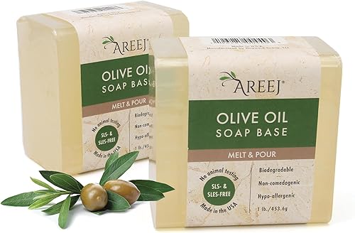 Areej Base de jabón para derretir y verter aceite de oliva de 2 libras, 100% natural, hipoalergénico, sin OMG, sin SLS