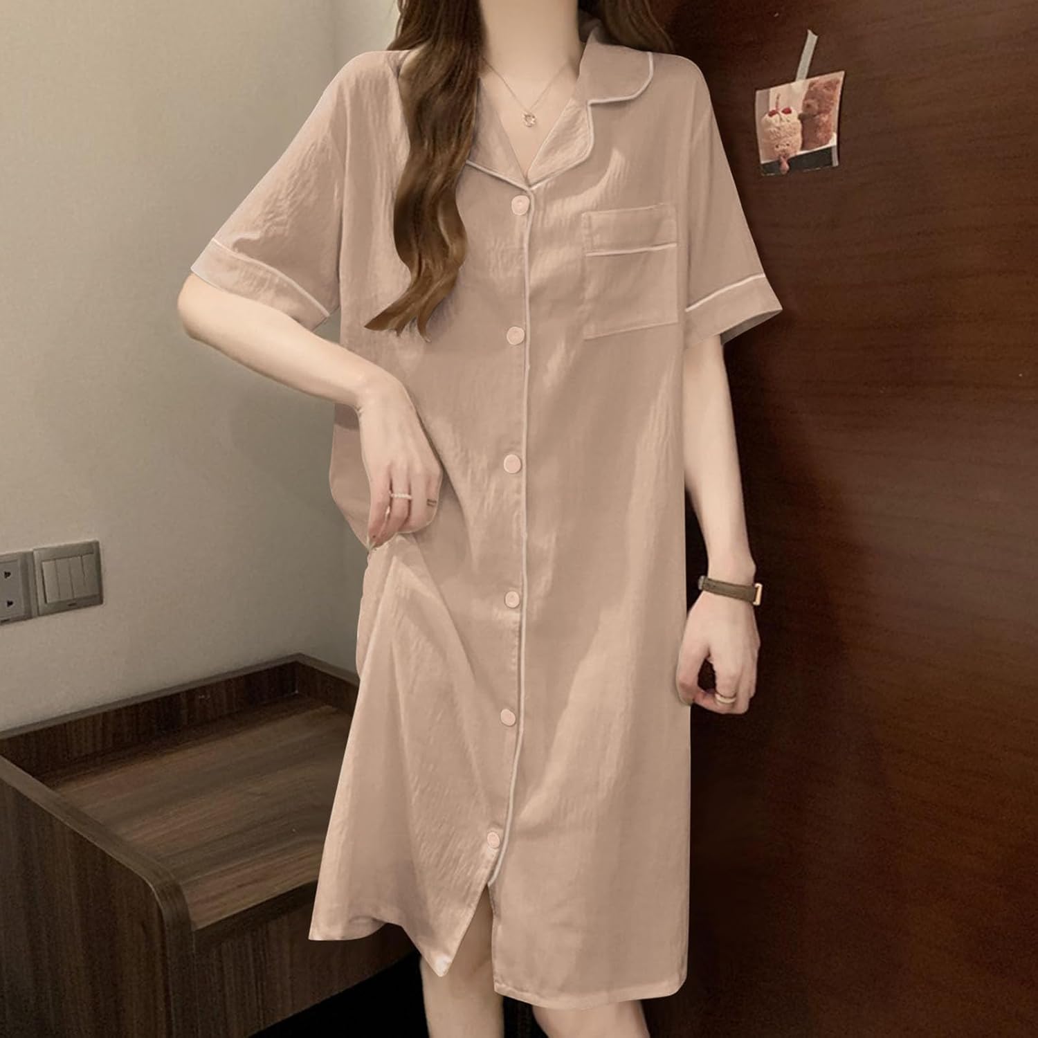 Nightgown for Women Button Down Short Sleeve Sleepshirt Nightshirt 2026 V Neck Soft Lounge Pajamas Dress with Pocket