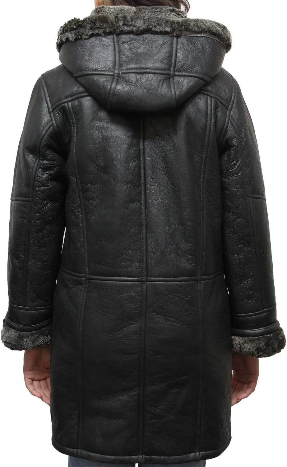 BRANDSLOCK Womens Duffle Genuine Shearling Sheepskin Leather Trench Bomber Coat