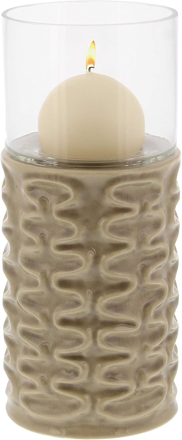 Deco 79 67113 Light Brown Ridged Ceramic Glass Candle Holders, 10" x 11" x 13", Lightbrown/Clear